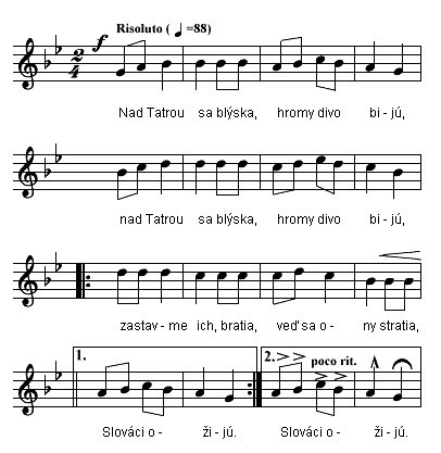 Slovenská hymna - zápis v notovej osnove
